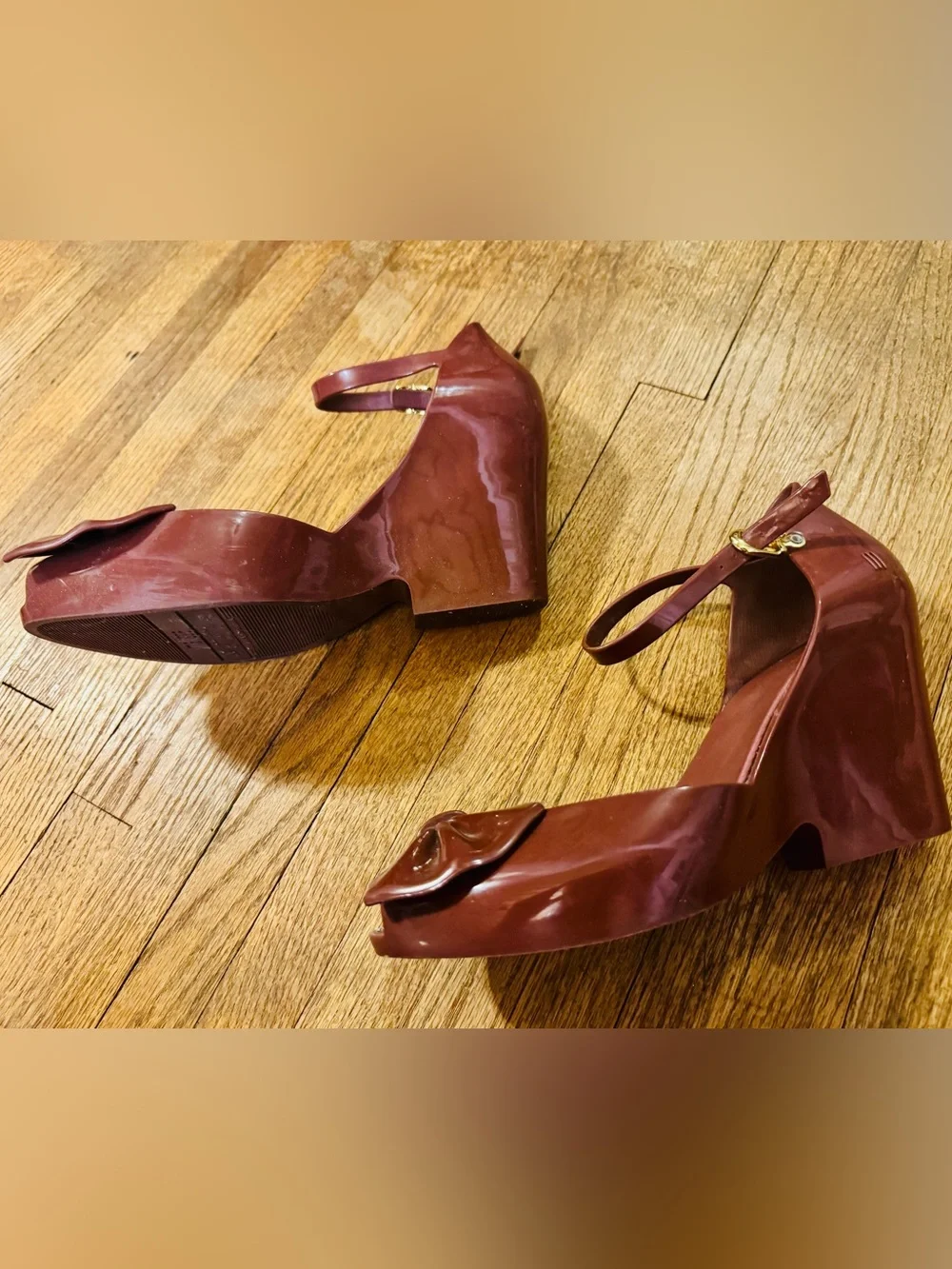 Melissa Wine Red Peep-Toe Wedges with Bow